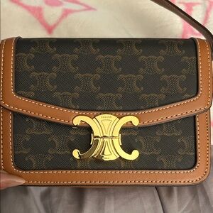 Tan and Black Crossbody Bag with Gold Accent